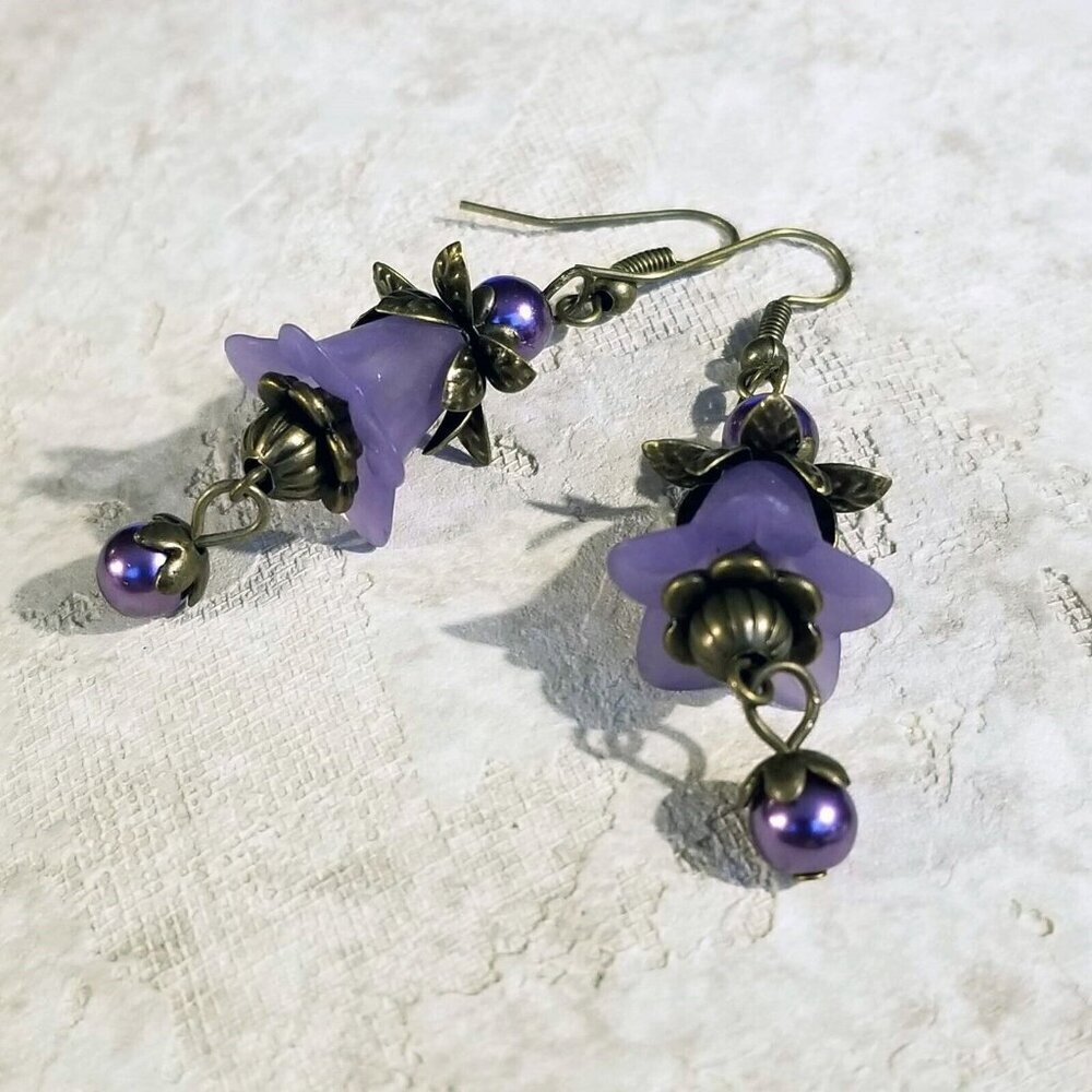Steampunk Bronze Brass Matte Purple Tulip Flower Leaves Fantasia Dangle Earnings